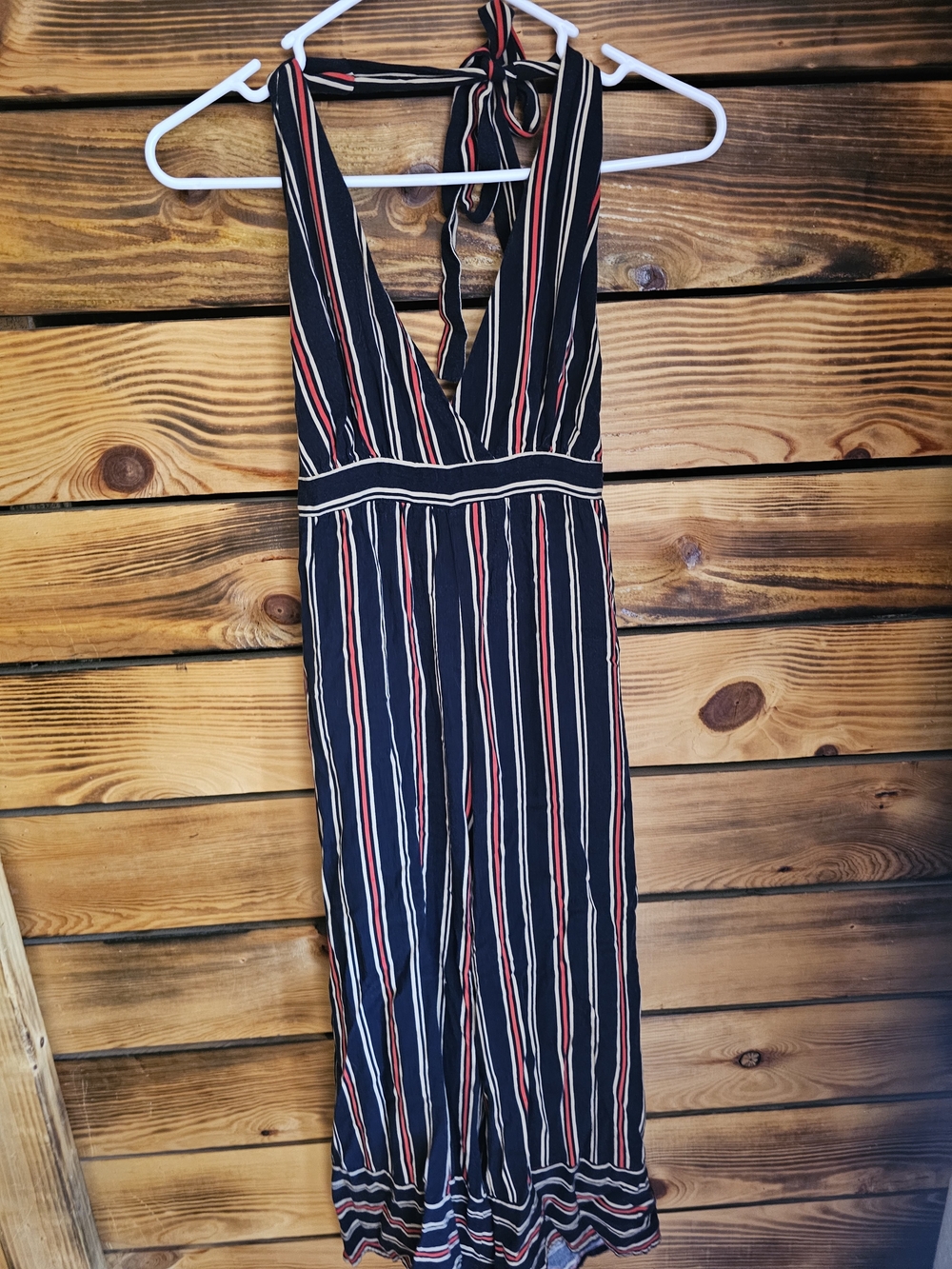 Forever 21 Navy Striped Halter Jumpsuit with Red & White Accents